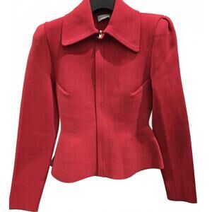 NEW SCANLAN THEODORE women's crepe knit peplum collar jacket in red